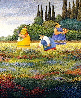 Pointillist painting of women in a colorful garden with flowers and cypress trees