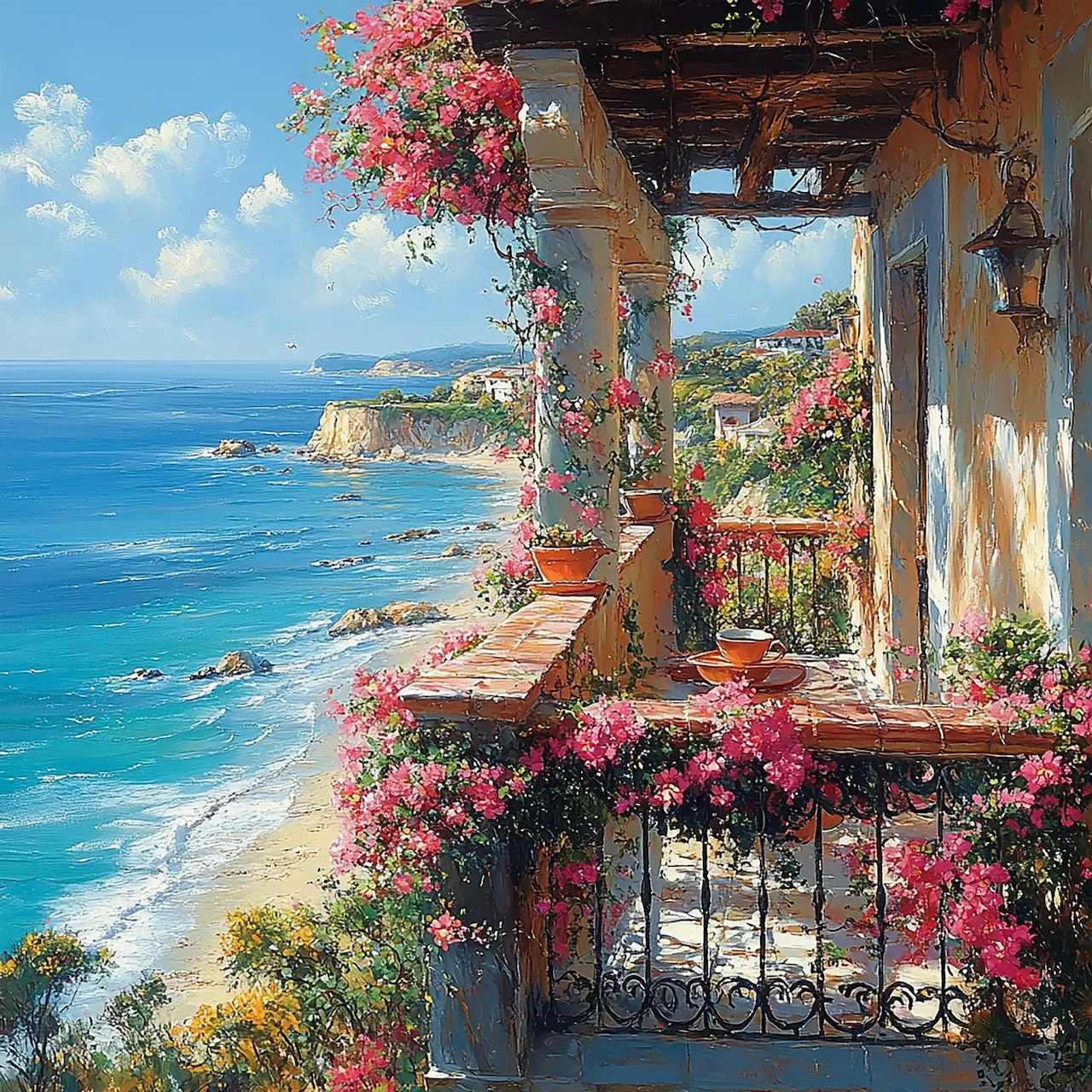 Flower-filled seaside balcony overlooking a turquoise ocean and sandy coast