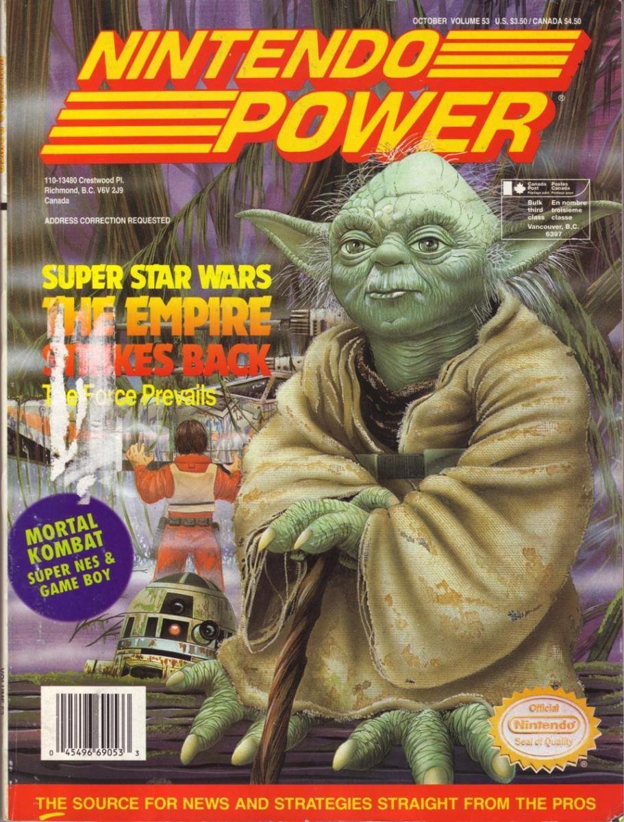 Nintendo Power cover art for Super Star Wars: The Empire Strikes Back showing Luke Skywalker and AT-AT walkers.