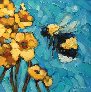 Textured painting of a bee flying near yellow flowers on a blue background
