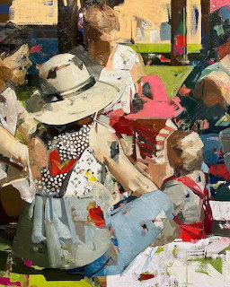 Impressionist painting of people at an outdoor tea party with bold brushstrokes and bright colors