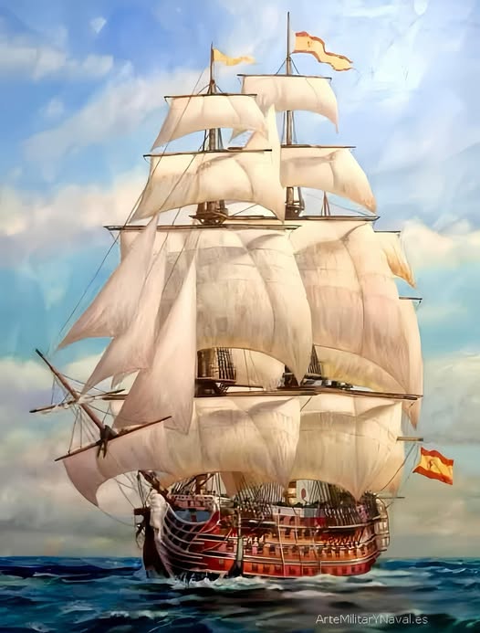 Oil painting of a tall Spanish galleon with white sails and Spanish flags on blue ocean waters