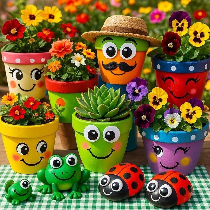 Cheerful painted flower pots with cartoon faces holding colorful flowers, with ladybug and frog painted rocks in front