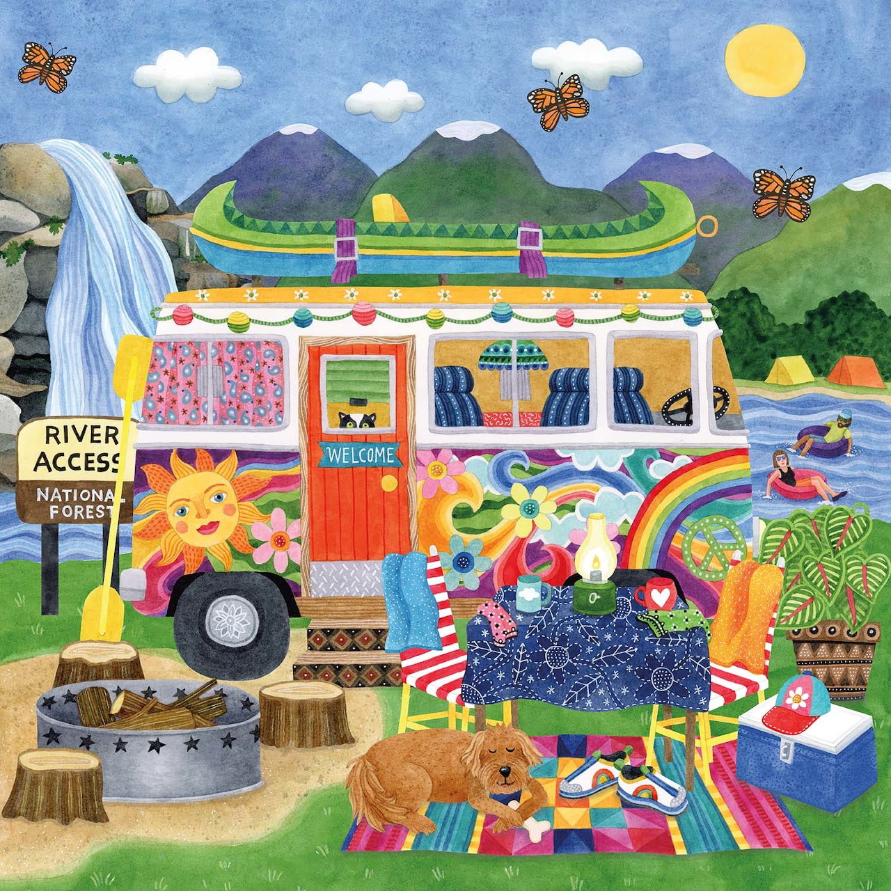 Illustrated camping scene with camper van, waterfall, picnic blanket, cats, and mountain landscape