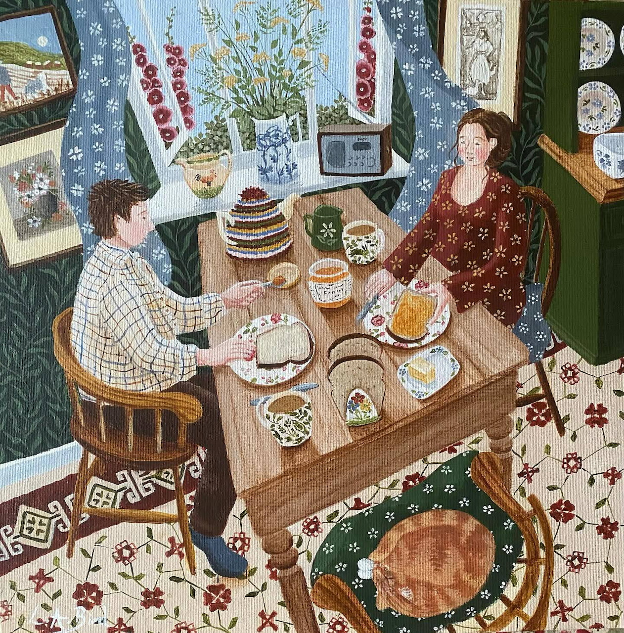 Illustration of two people eating breakfast at a table in a patterned dining room