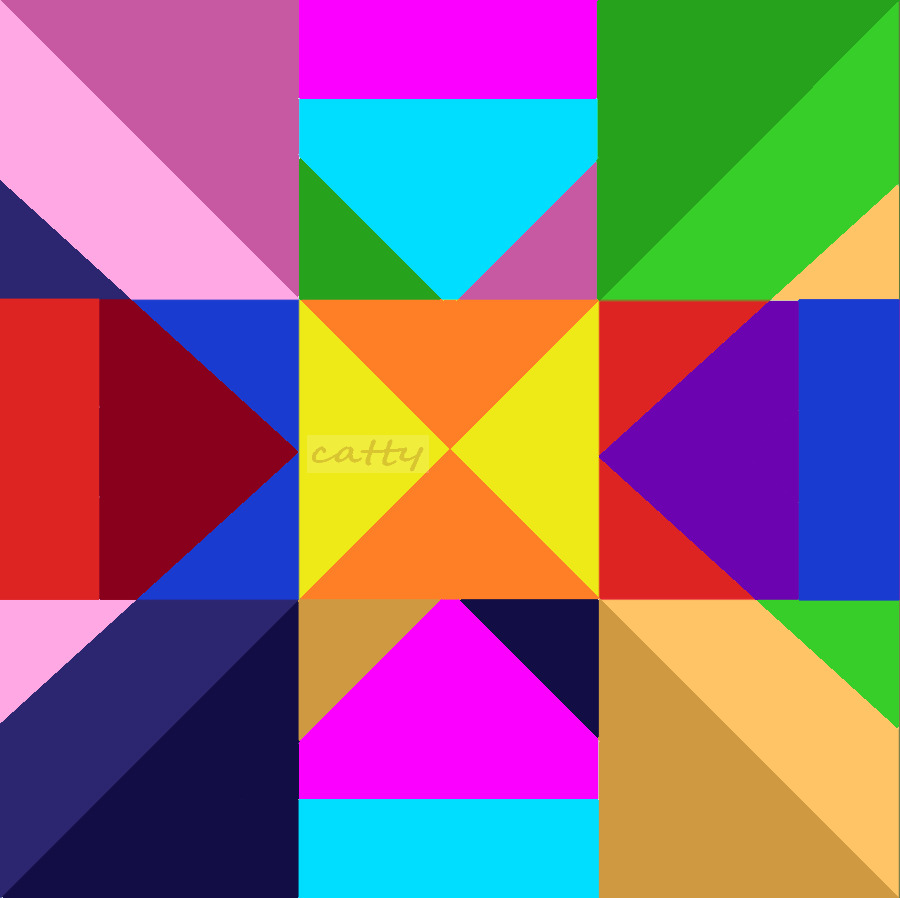 Colorful abstract geometric pattern with triangles and squares in bright colors arranged symmetrically