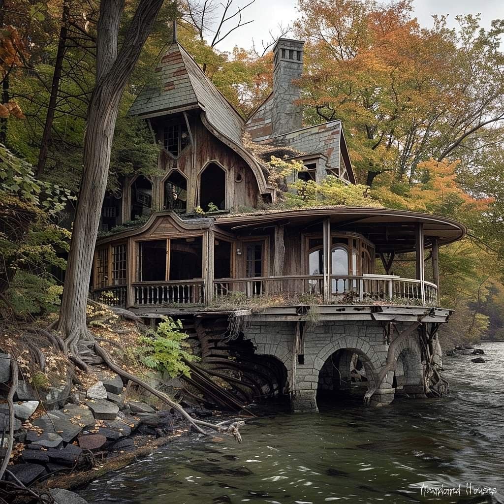 Old wooden cottage on stone arches spanning a river, with moss-covered roof and autumn foliage