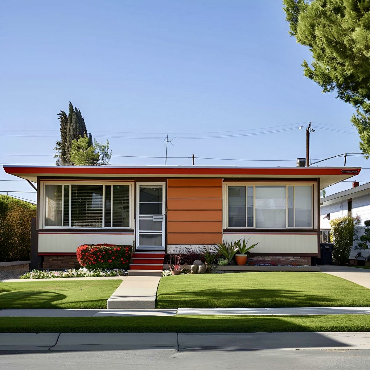 Orange and white mid-century manufactured home with flat roof and landscaped yard