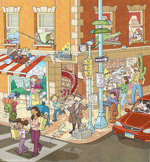 Cartoon airport terminal with travelers, luggage, signs, and planes visible through windows