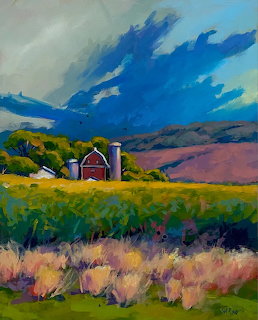 Colorful painting of a red barn with silos, summer fields, mountains, and a dramatic blue sky