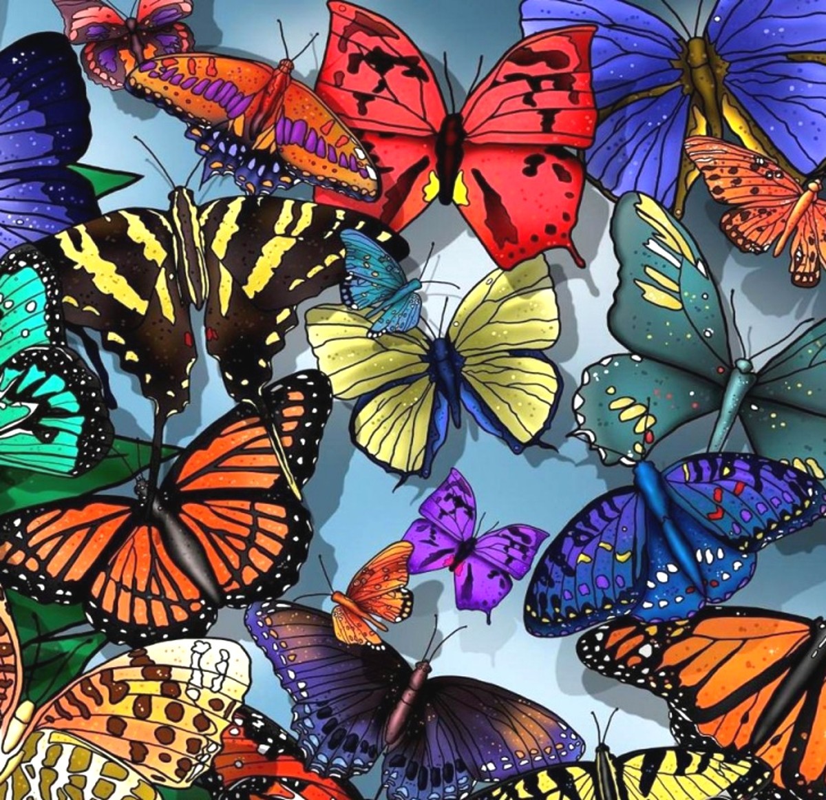 Collection of colorful butterflies with varied wing patterns on light blue background