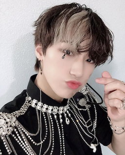 Young man with layered brown and blonde hair wearing silver chain necklaces and black studed jacket