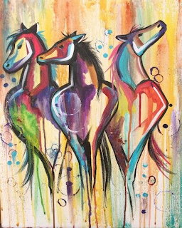 Colorful watercolor painting of four abstract stylized horses in vibrant pink, purple, blue and yellow tones