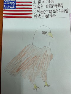 Childlike drawing of an eagle on paper with an American flag and handwritten Chinese notes