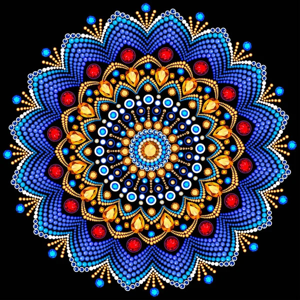 Colorful mandala with blue petals, gold accents, red gems, and white dotted patterns on black background