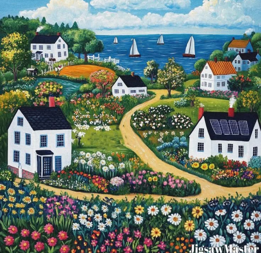 Colorful seaside village painting with white cottages, flower gardens, winding path, and sailboats
