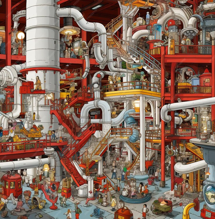 Detailed cutaway view of a complex multi-story factory with red pipes, machinery, workers, and industrial equipment