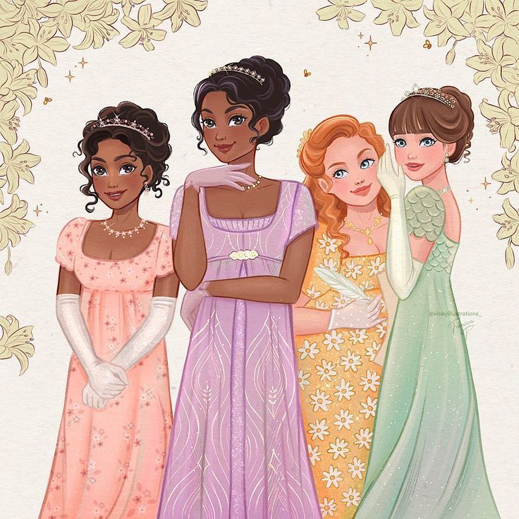 Four illustrated women standing together wearing elegant formal gowns in different pastel colors