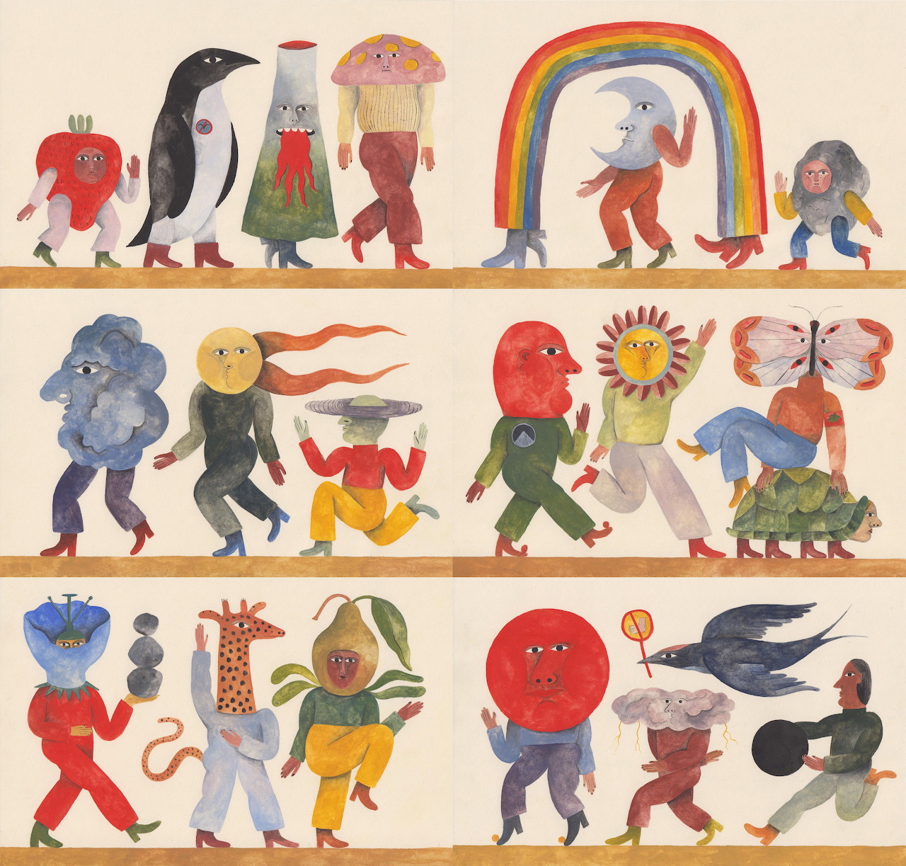 Colorful illustration of whimsical parade figures, animals, and bright shapes marching in rows