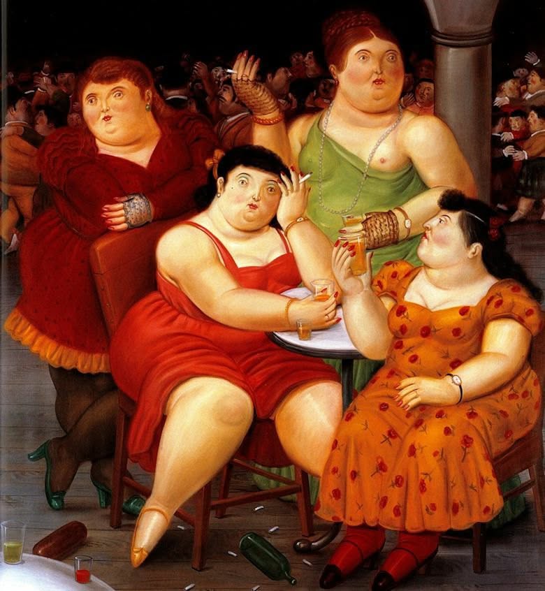 Painting of four women in colorful dresses seated together around a small table indoors