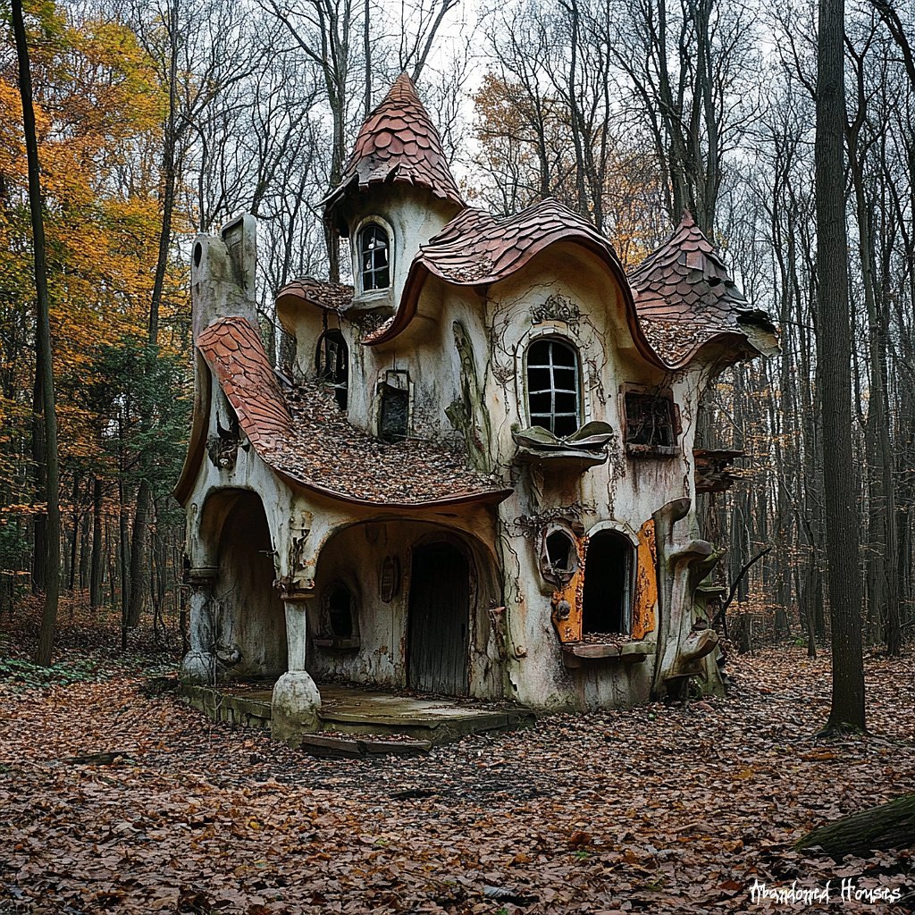 Fantasy cottage with flowing organic shapes and curved roof in a wooded autumn clearing