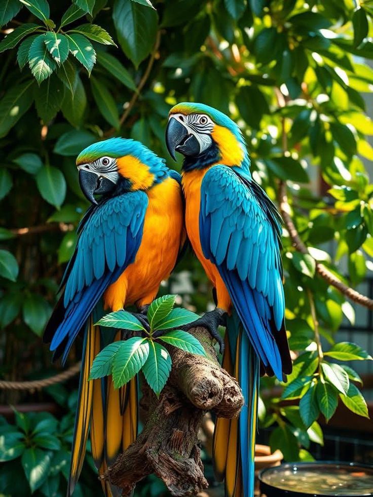Blue macaw parrot perched on a branch with detailed feathers