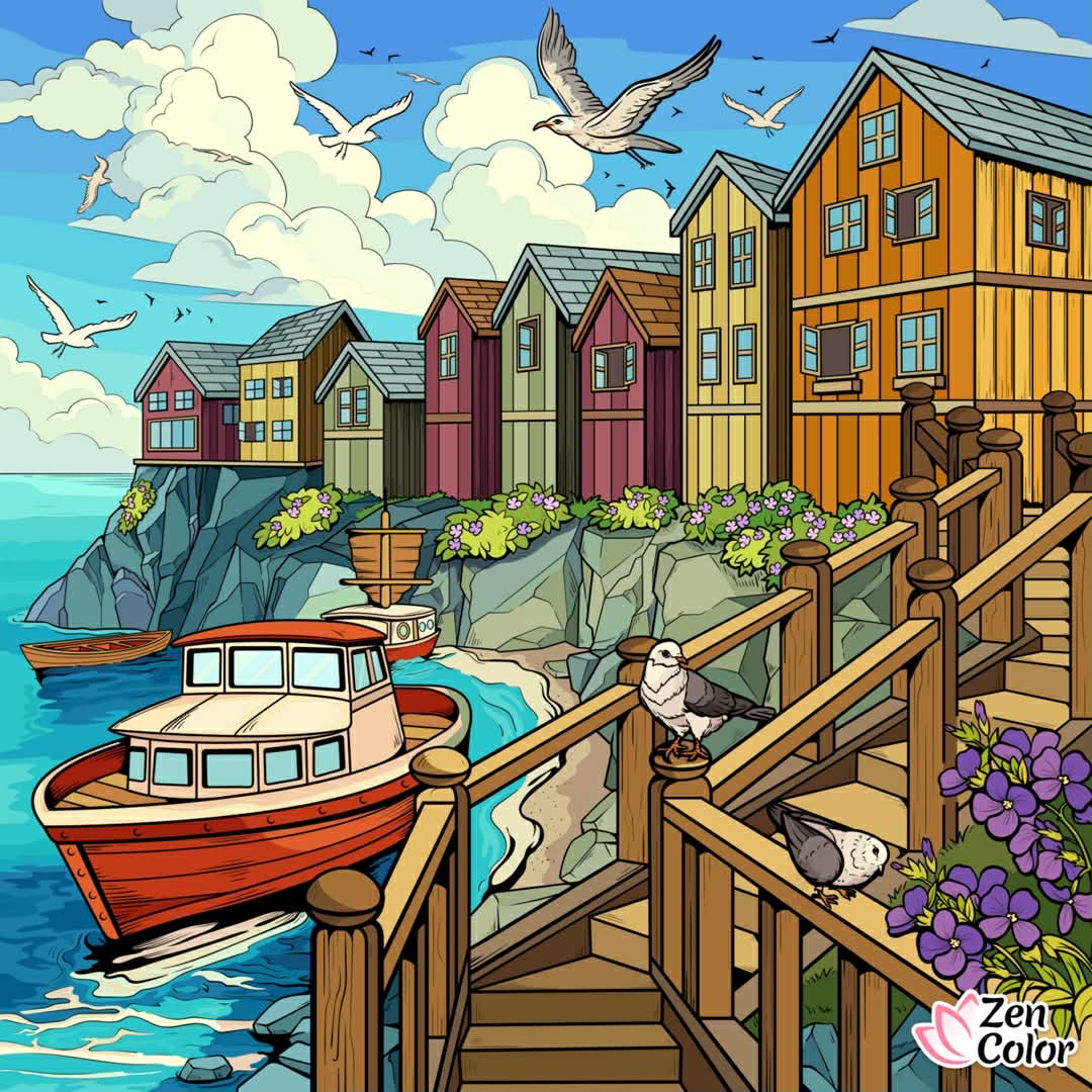 Coastal Village Harbor Illustration