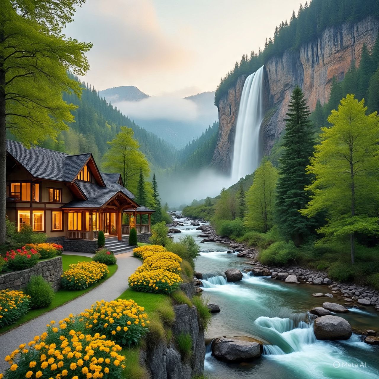 Mountain cabin by creek with waterfall and pine forest