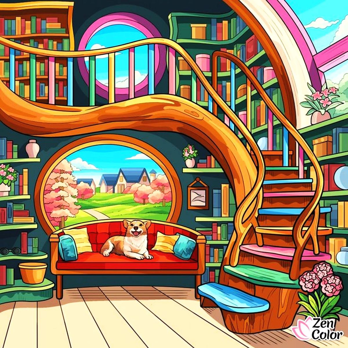 Colorful illustrated library interior with bookshelves, winding staircase, red sofa, and a small dog