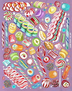Assorted Christmas candies and sweets arranged on purple background