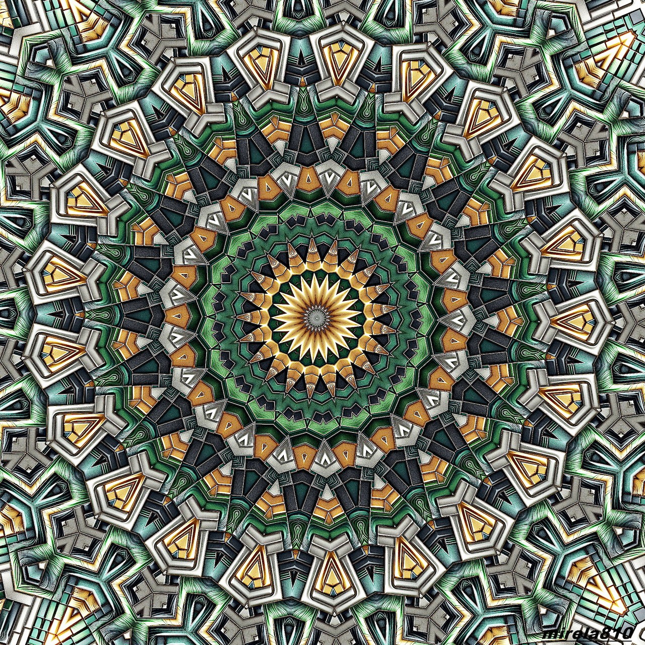 Symmetrical mandala with geometric patterns in teal, gold and cream colors radiating from center