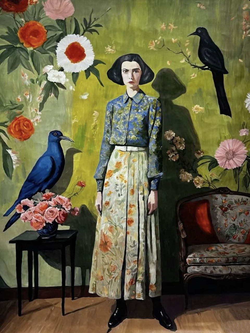 Woman in vintage dress standing in room with birds, flowers, and ornate floral wallpaper