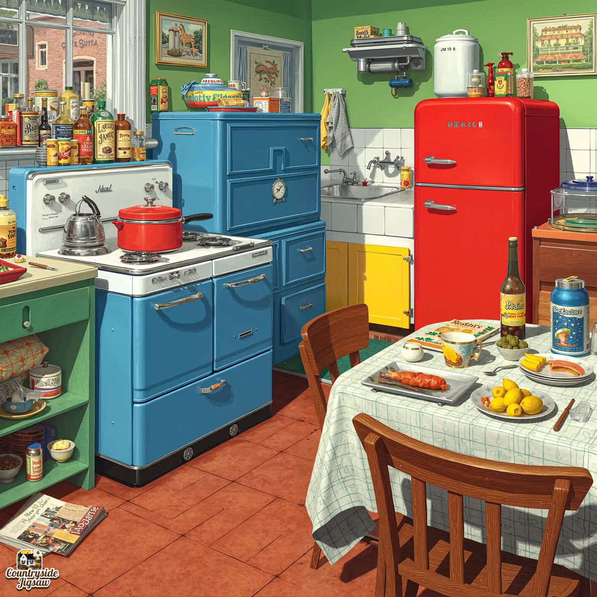 Colorful vintage kitchen interior with a blue stove, red fridge, round table, and chairs