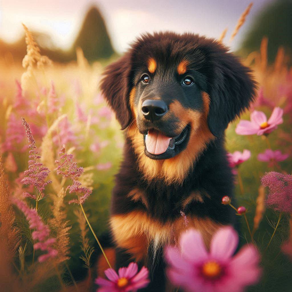 Fluffy black and tan puppy sitting among pink wildflowers in warm sunlight