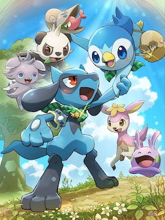 Group of cheerful Pokemon characters including Piplup, Riolu, and others posed together in a sunny outdoor scene