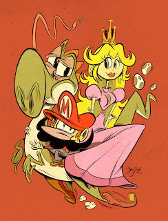 Cartoon princess with blonde hair in pink dress alongside a smiling green dragon on orange background