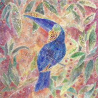 Dot-painted blue bird surrounded by pastel leaves and flowers in an abstract garden scene