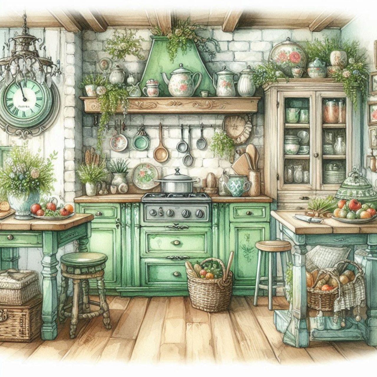 Rustic country kitchen with mint green cabinets, plants, and vintage décor