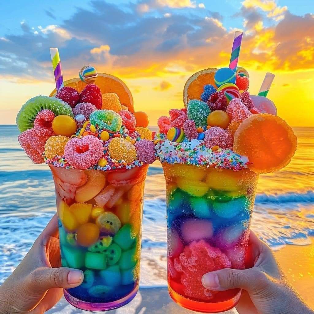 Two colorful layered drinks with candy toppings held at sunset over ocean