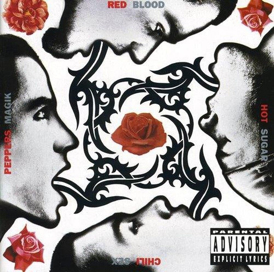Album-style graphic with four monochrome faces, black ornamental shapes, and red roses on white