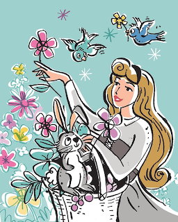 Princess Aurora with long blonde hair in blue dress holding flowers, surrounded by animals and birds