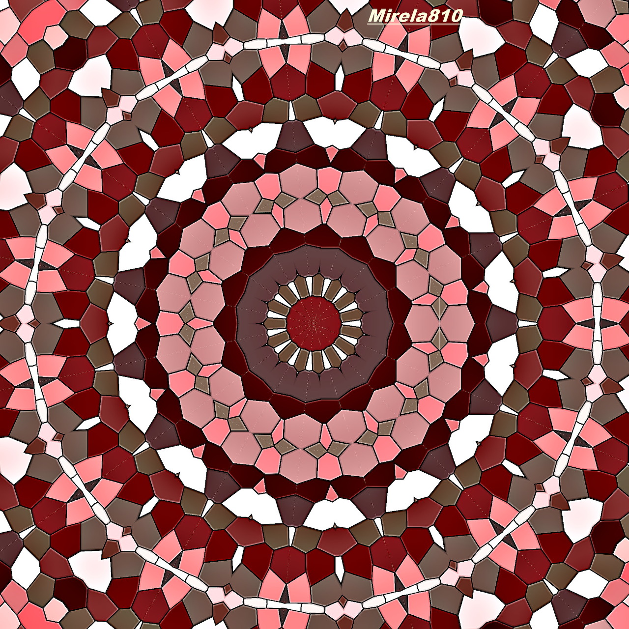 Symmetrical mandala with layered geometric patterns in red, pink and brown shades
