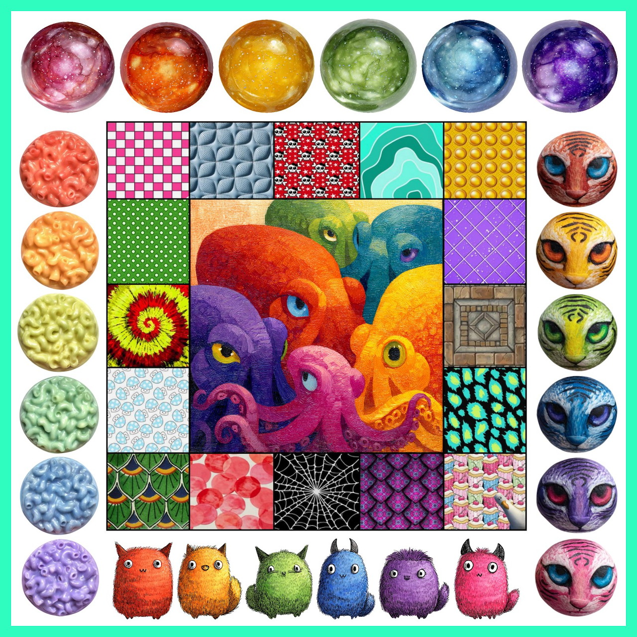 Colorful collage with rainbow octopus center, patterned tiles, spheres, and rainbow owls arranged in grid layout