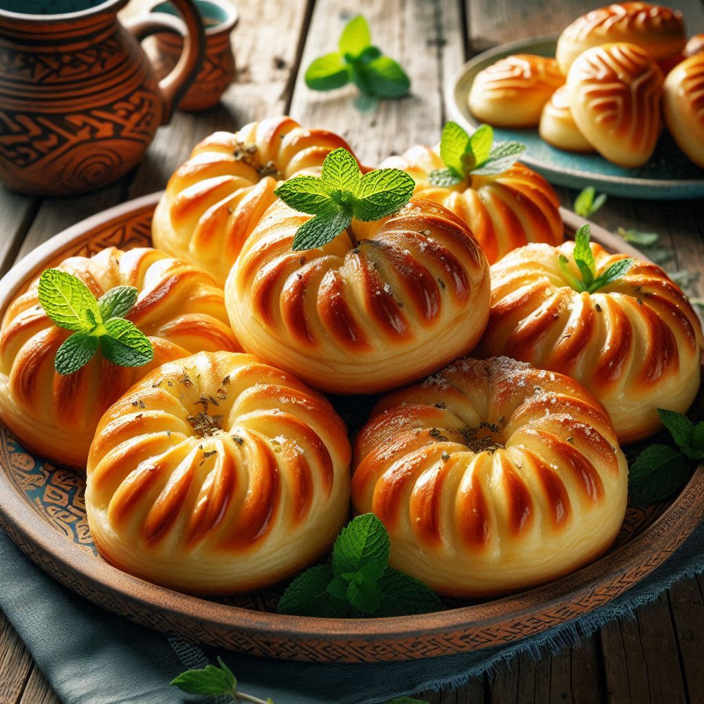 Golden round buns with swirl pattern on plate, garnished with mint leaves on wooden table