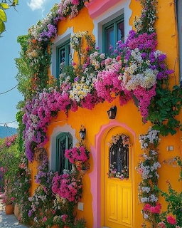 Bright yellow house with turquoise shutters covered in colorful bougainvillea and flowering vines