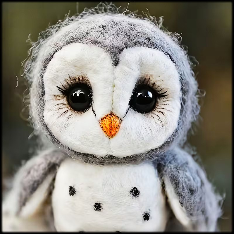 Cute grey and white felt owl plush toy with large black eyes and orange beak