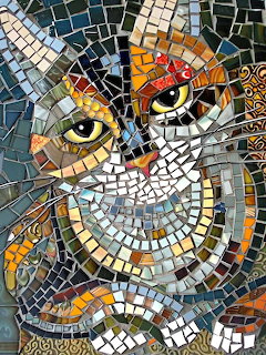 Colorful mosaic portrait of a cat made from small tiles