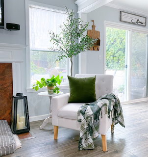 White armchair with green pillow and plaid throw next to sunny windows in modern living room