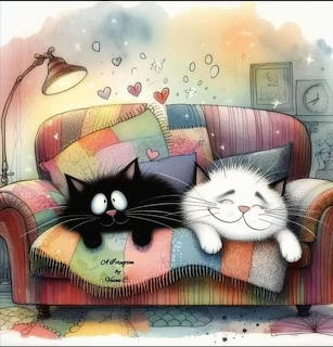 Illustration of a black cat and a white cat lying on a colorful patchwork couch