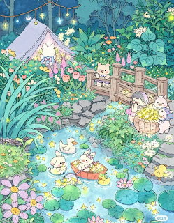 Enchanted forest camping scene with adorable animals, tent, lanterns, pond, and abundant flora under stars